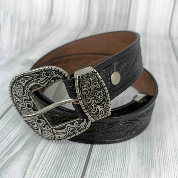 Hand Tooled Western Leather Belt – Western Cowboy Belt with 3 Piece Buckle Set - Picture 4 of 12